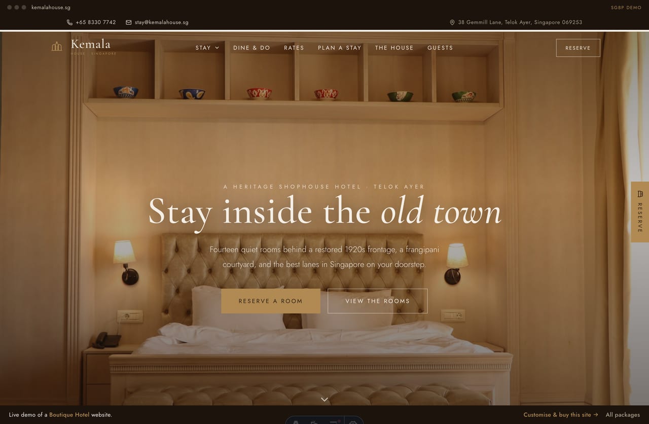 Kemala House boutique-hotel Singapore website homepage demo — a warm-heritage espresso and bronze site with a full-bleed cinematic room hero, editorial room blocks and a courtyard story