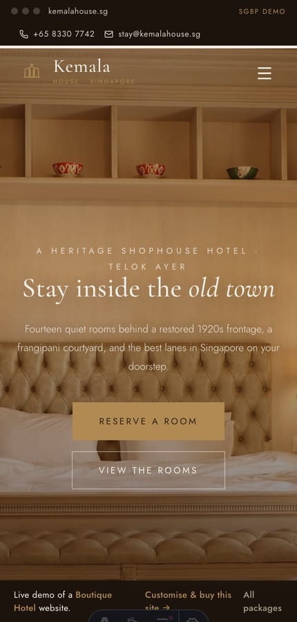 The Kemala House boutique-hotel website on mobile — the full-bleed cinematic hero and reserve CTA at 430px