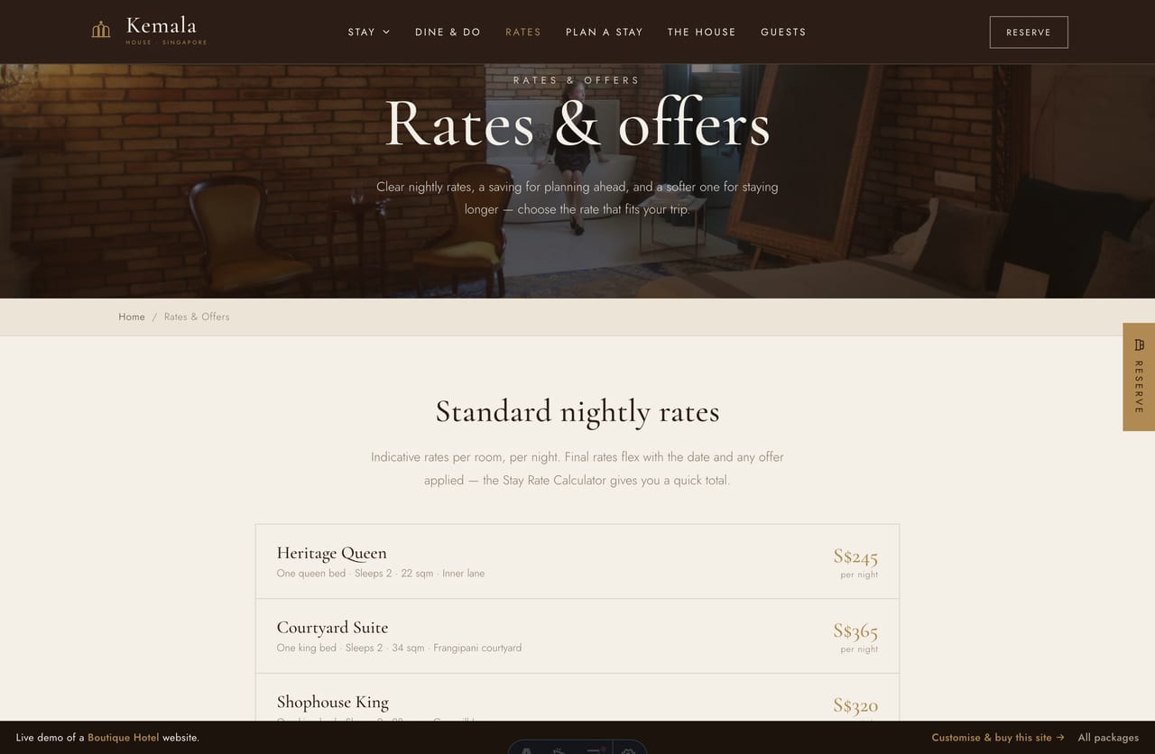 Rates & Offers page on the Kemala House demo — a clean nightly-rate table and four rate-plan offer cards on a dark band