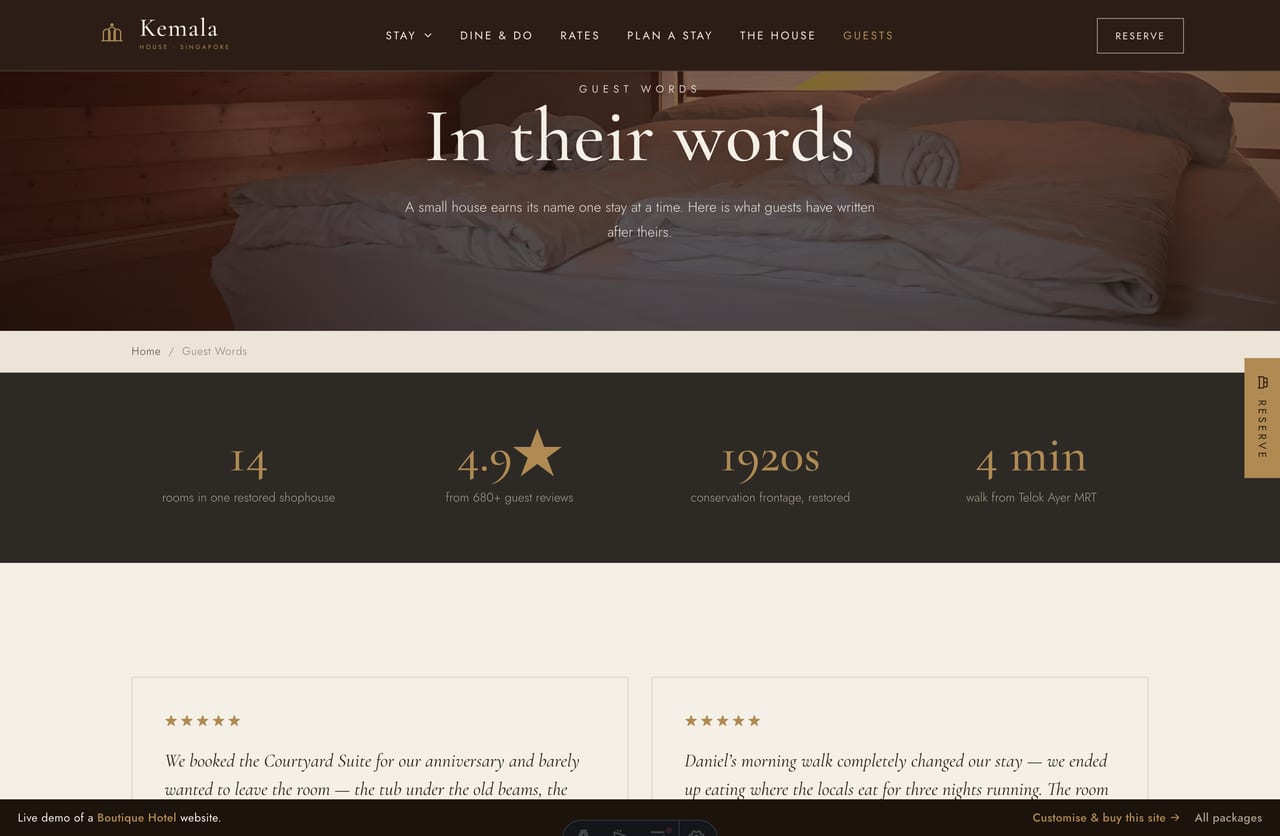 Guest Words page on the Kemala House demo — guest reviews in serif quote cards with a trust-stat strip