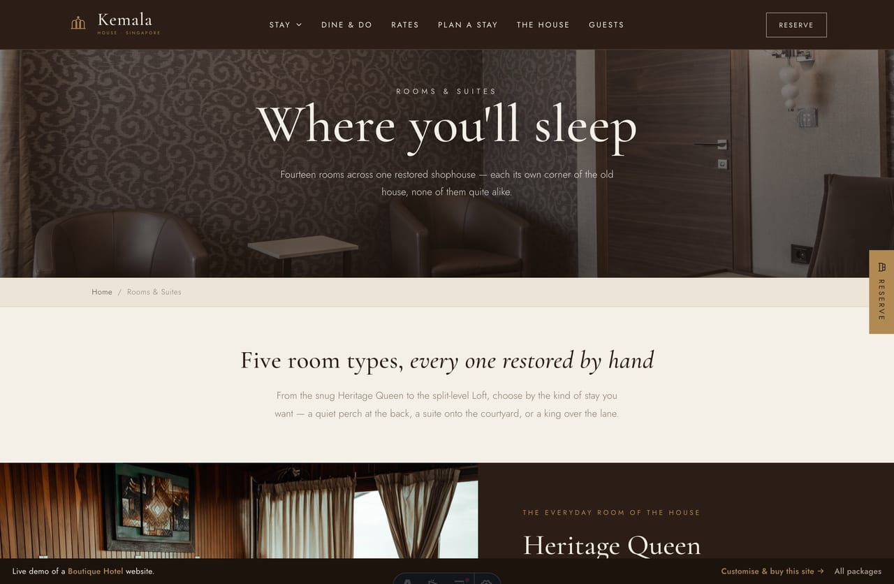 Rooms & Suites page on the Kemala House demo — five room types as large editorial photo blocks with rates, not a card grid