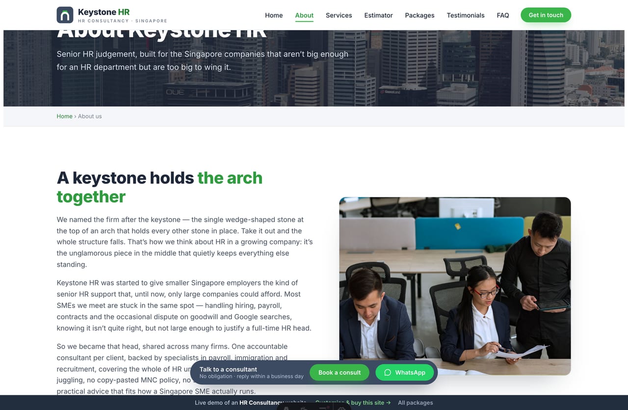About and founder page on the Keystone HR consultancy demo
