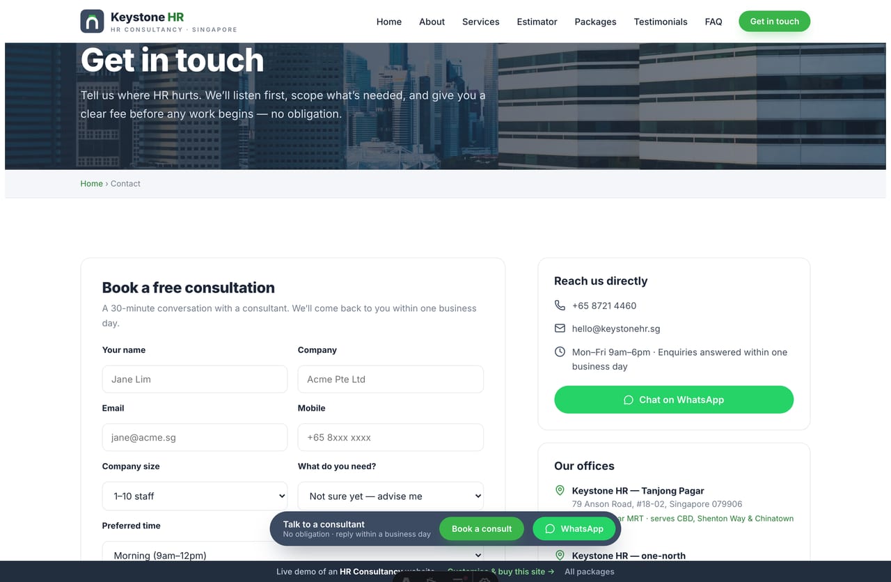 Consultation booking and contact page on a Singapore HR consultancy website