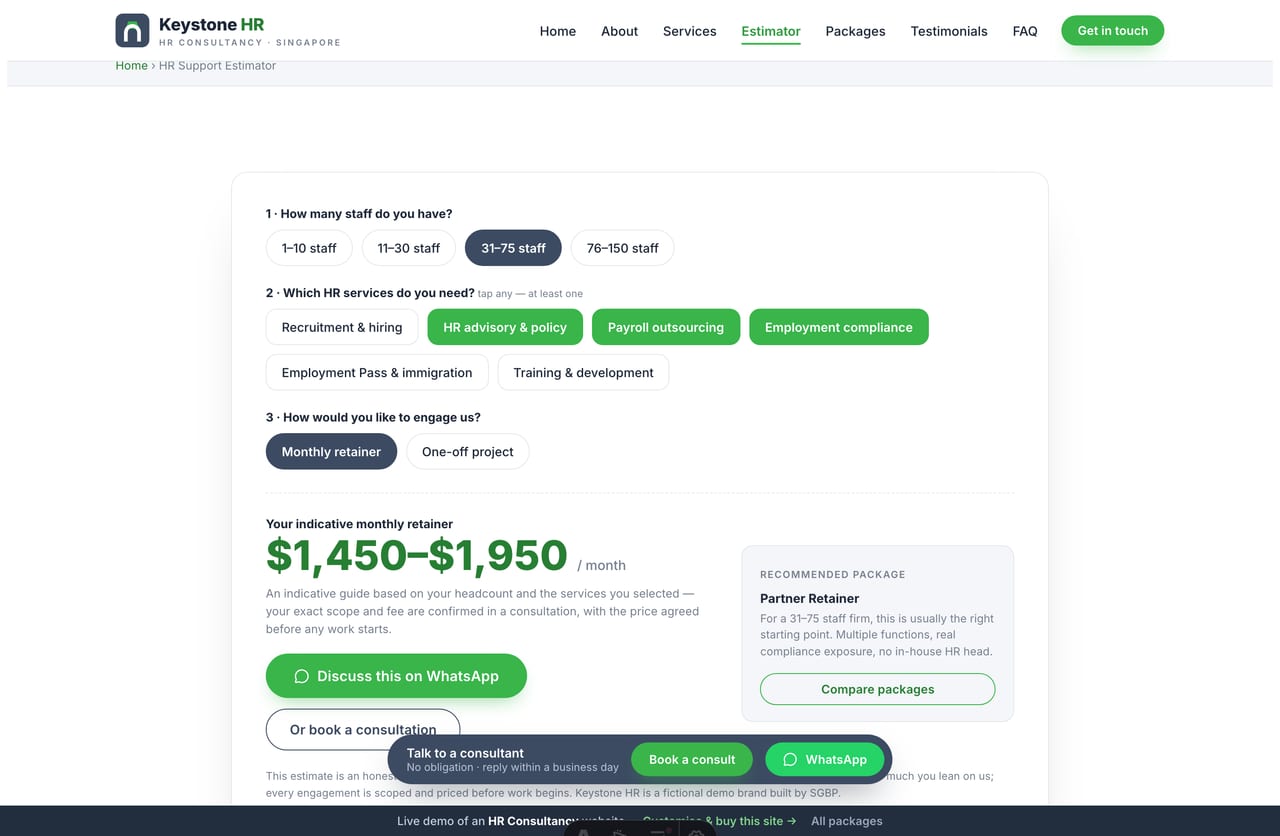 Live indicative monthly retainer result from the HR Support Estimator