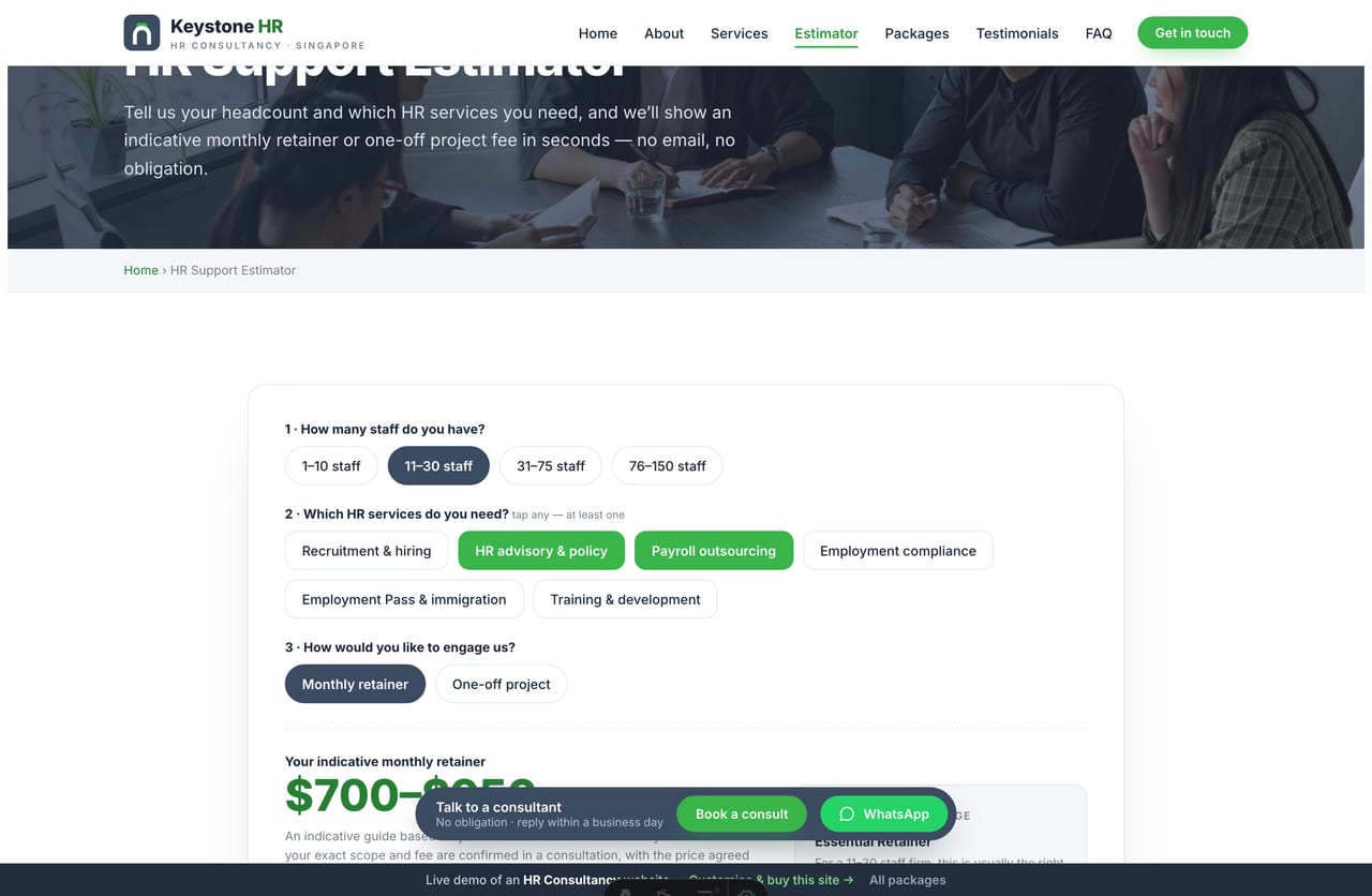 HR Support Estimator tool on a Singapore HR consultancy website