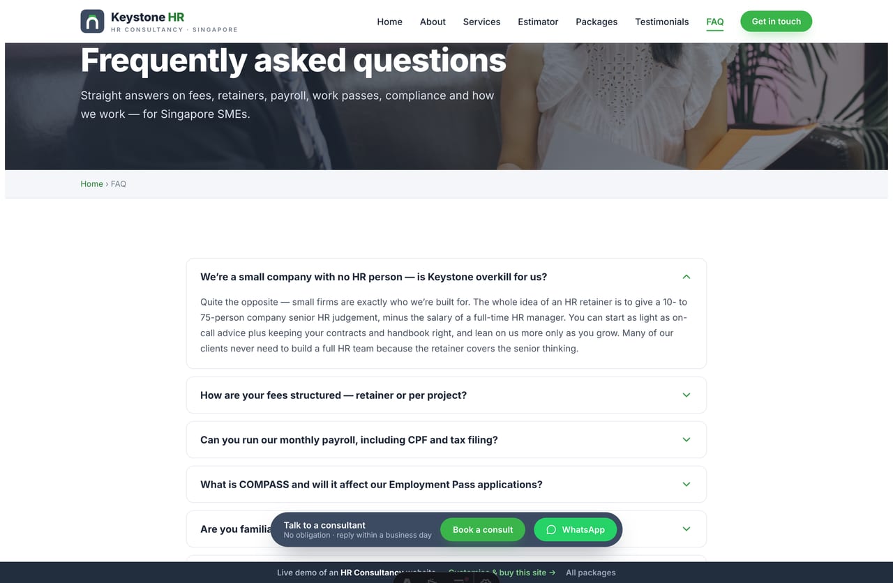 HR consultancy FAQ accordion page on a Singapore website