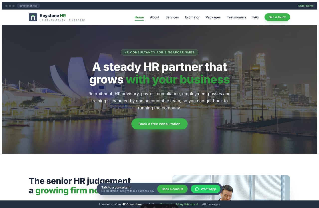 Keystone HR consultancy website homepage demo — Singapore skyline hero and coloured-header service cards