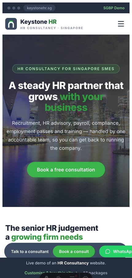 Mobile view of the Keystone HR consultancy website demo