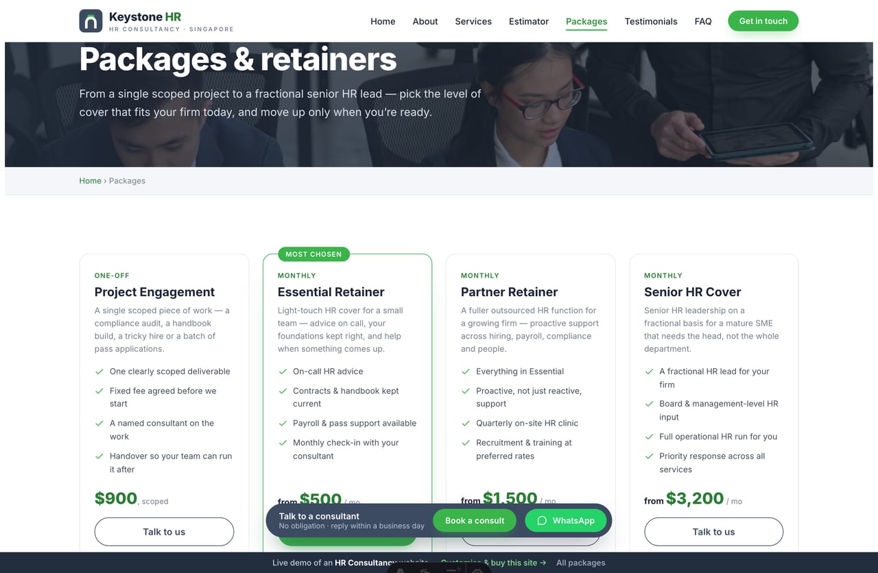 HR retainer packages page on a Singapore consultancy website