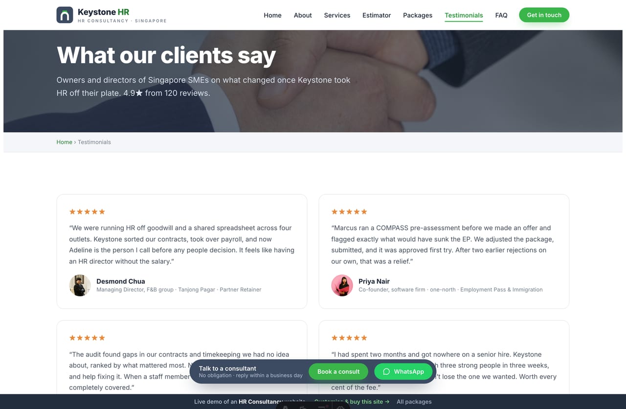 Client testimonials page on a Singapore HR consultancy website