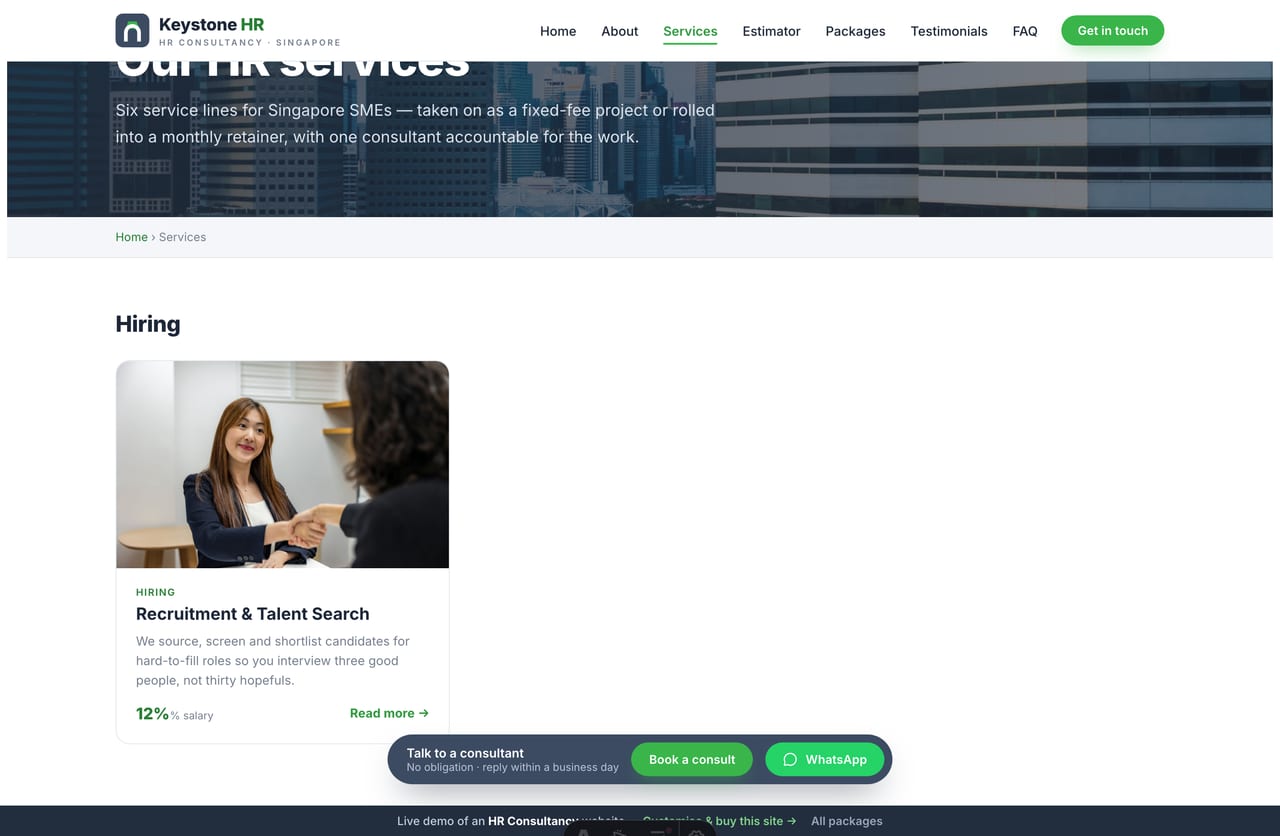 HR services listing page on a Singapore consultancy website