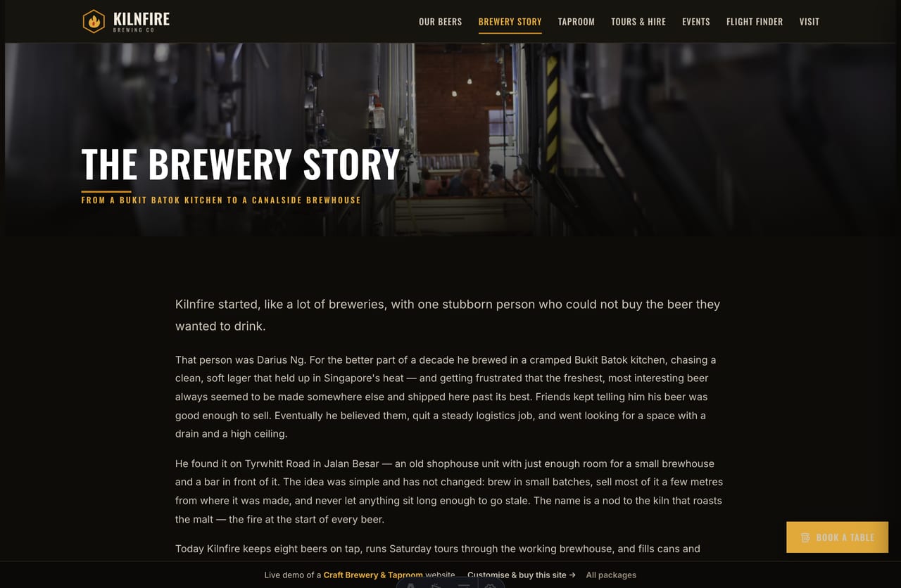 The About page for a Singapore brewery — founder story, stats band and the people behind the bar