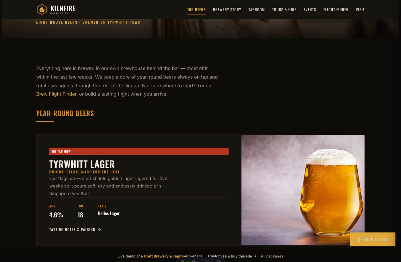 Beers page on the Kilnfire demo — wide dark beer cards with ABV, IBU and style stats and a bottle photo