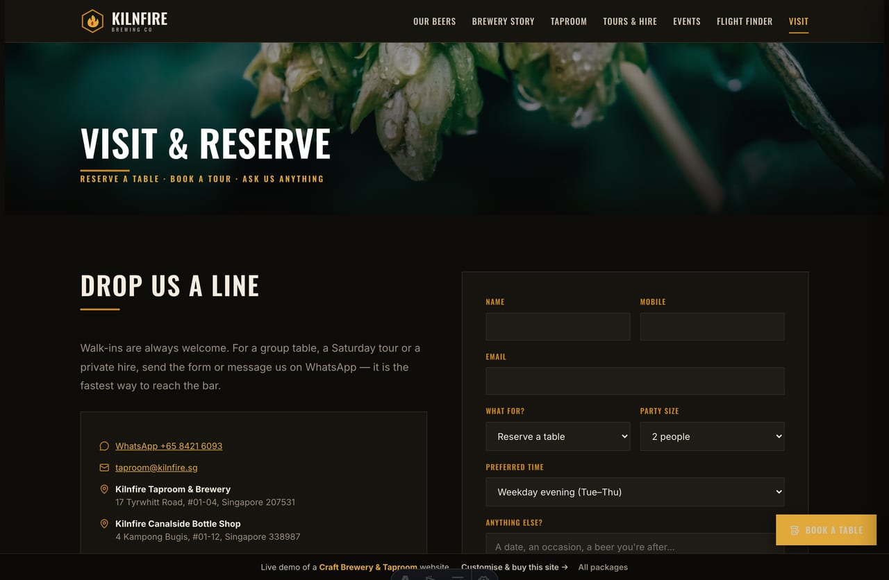 Visit-and-reserve page on the Kilnfire demo — a PDPA-aware reservation form with party size, time and reason
