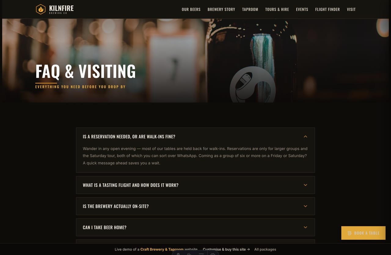 FAQ page on the Kilnfire demo — a dark question-pill accordion about visiting, tours and cans