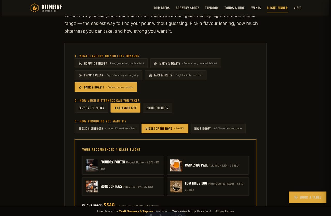 Brew Flight Finder result on a Singapore brewery site — a recommended four-beer flight with ABV, IBU and a reserve-a-table CTA
