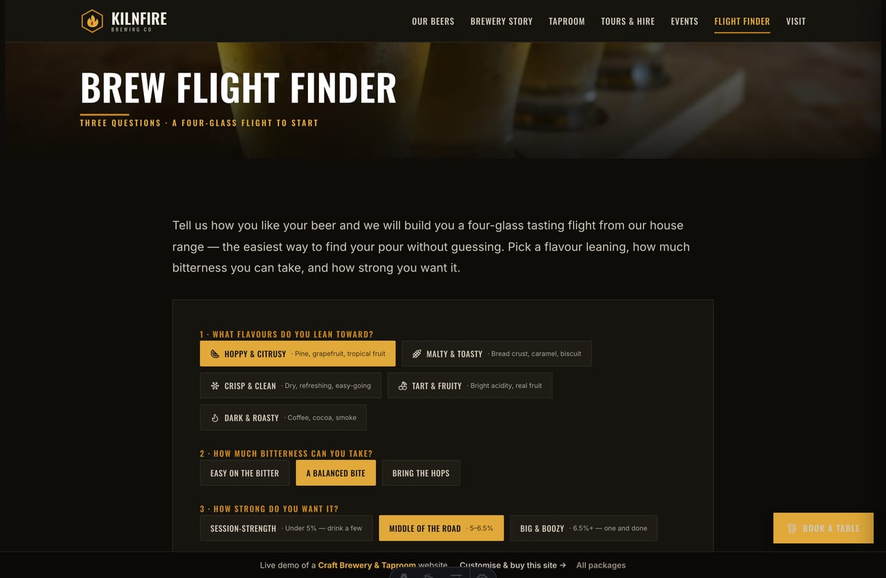 The interactive Brew Flight Finder on the Kilnfire demo — pick a taste profile, bitterness and strength to get a recommended four-glass flight