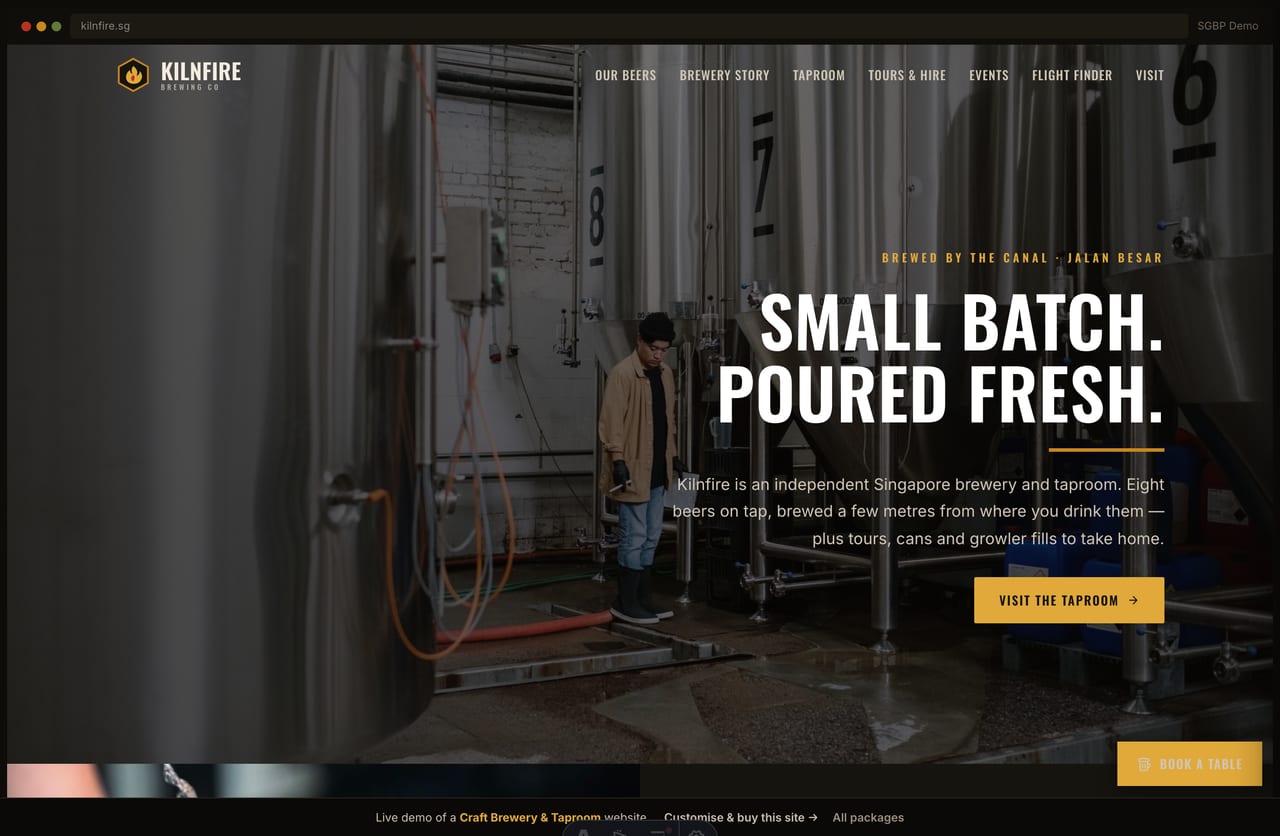 Kilnfire craft brewery Singapore website homepage demo — a dark industrial site with a right-aligned hero, gold underline bars and a beer-on-tap row