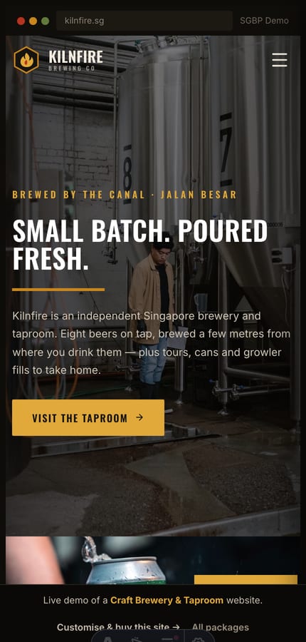 The Kilnfire brewery website on mobile — the dark hero and book-a-table bar at 430px