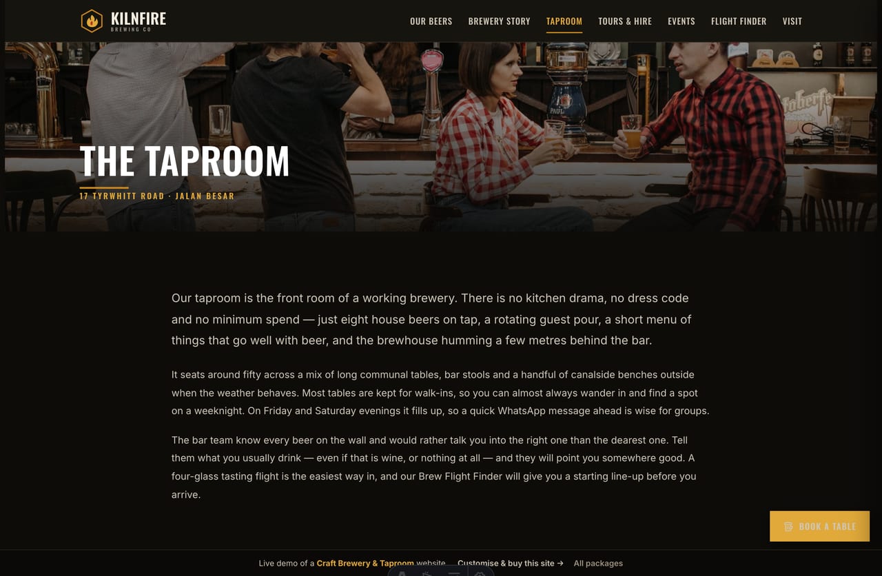 The taproom page on the Kilnfire demo — venue photos, what-we-care-about pillars and two locations