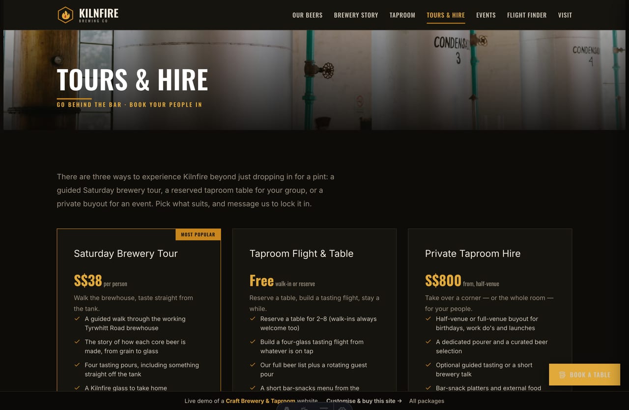Tours and hire page on the Kilnfire demo — reservation cards for a brewery tour, a table and a private buyout