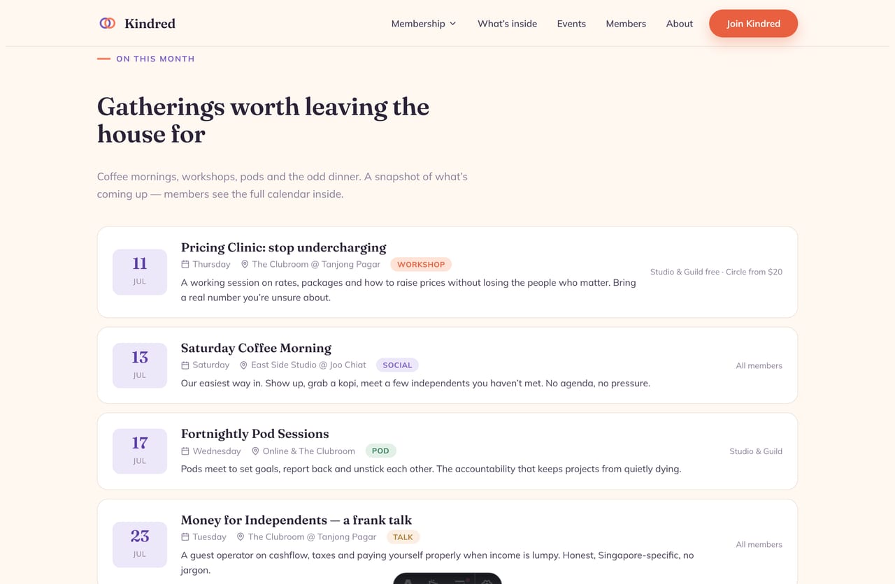 Community space / forum channel preview on the Kindred membership website