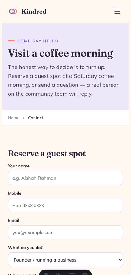 Visit-a-coffee-morning enquiry form on the membership community platform demo