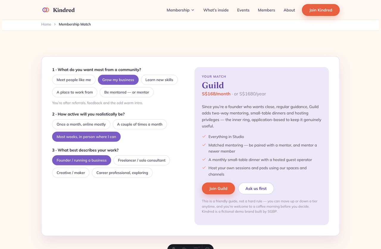 Interactive Membership Match tier-recommender tool on the Kindred Singapore community platform