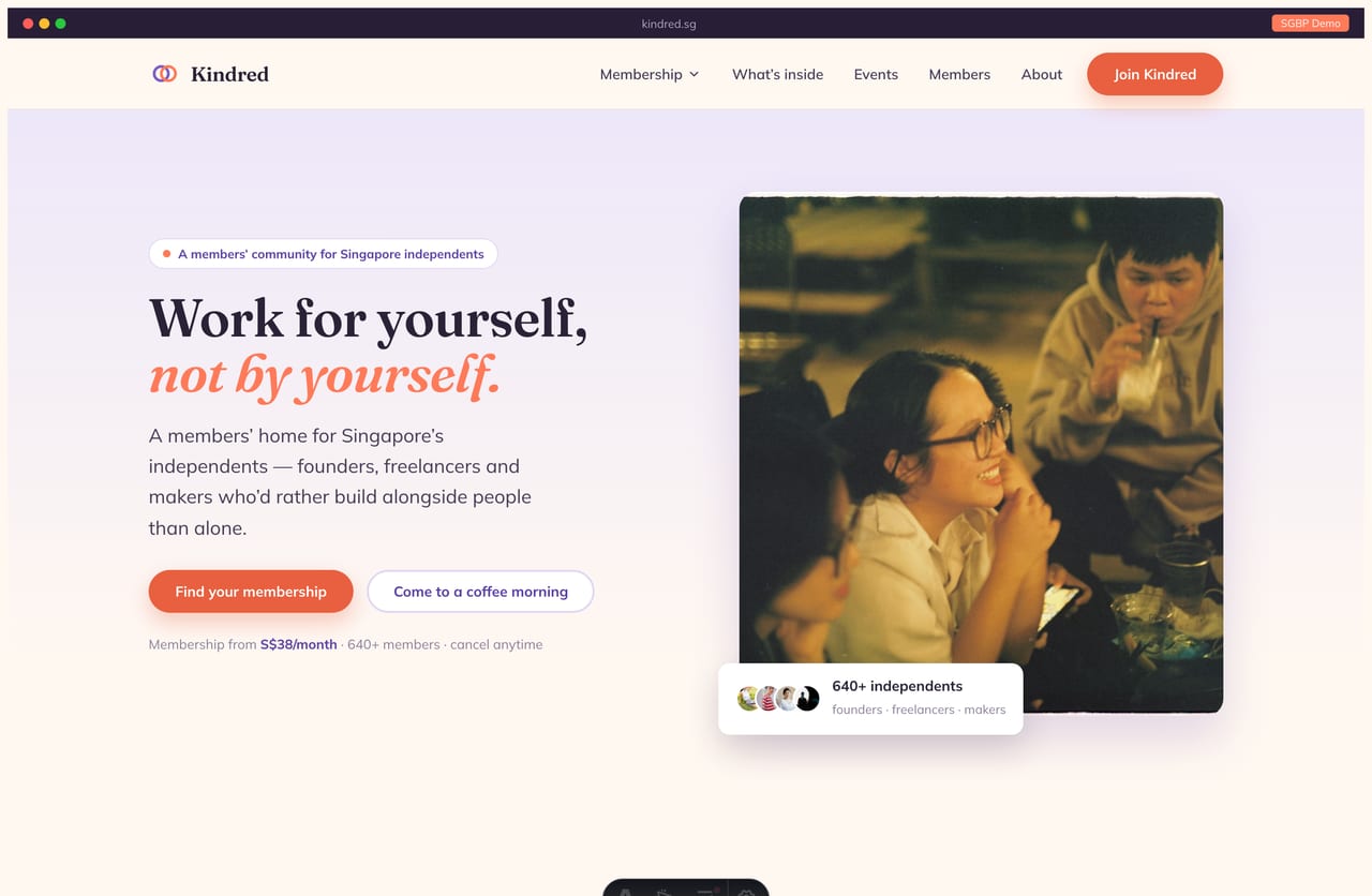 Kindred membership community website homepage demo — lavender belonging-led hero, member photo collage and warm coral join CTA (Singapore)