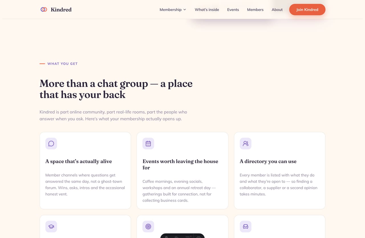 What’s-inside benefits grid for a Singapore membership community — channels, events, directory, workshops, pods and space