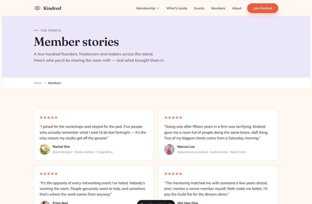 Member stories and a member directory sample on the Kindred community website