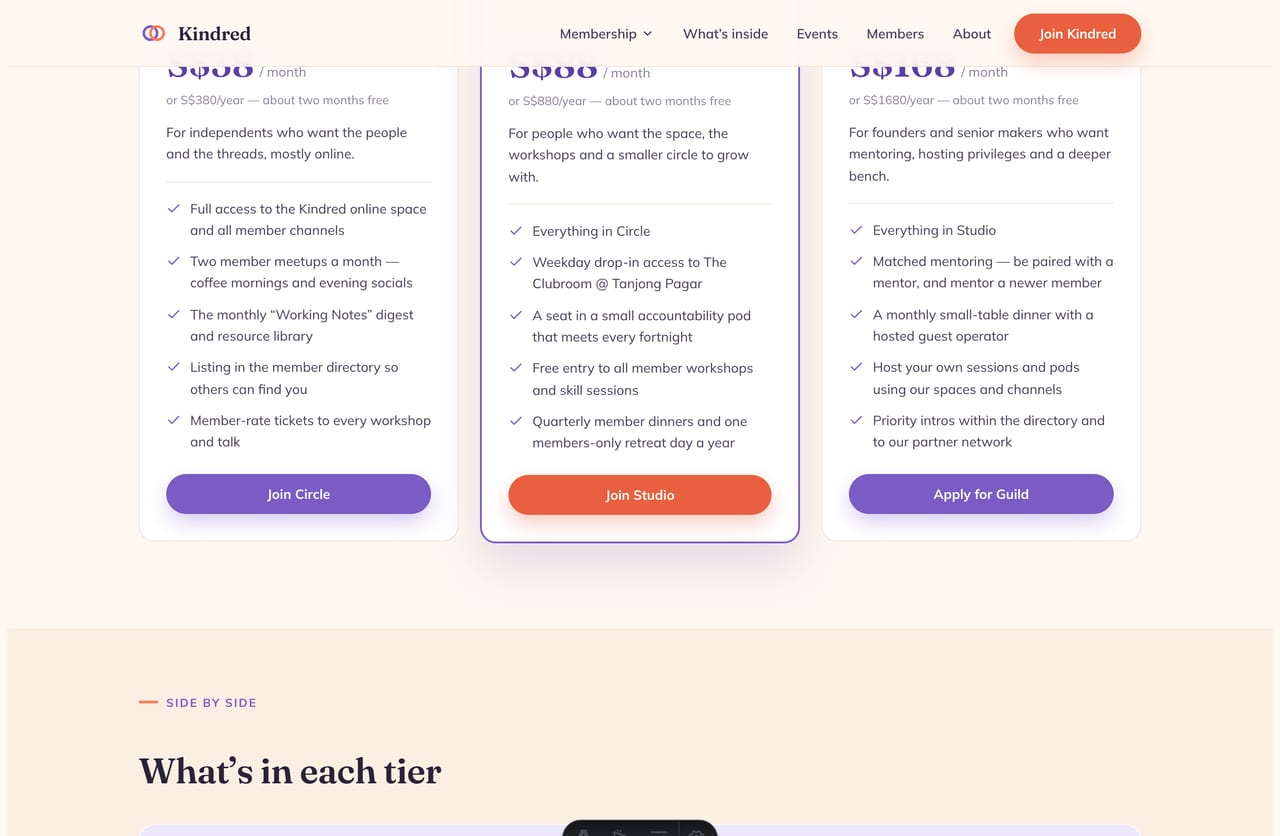Membership comparison page with a side-by-side tier table on the Singapore community platform demo