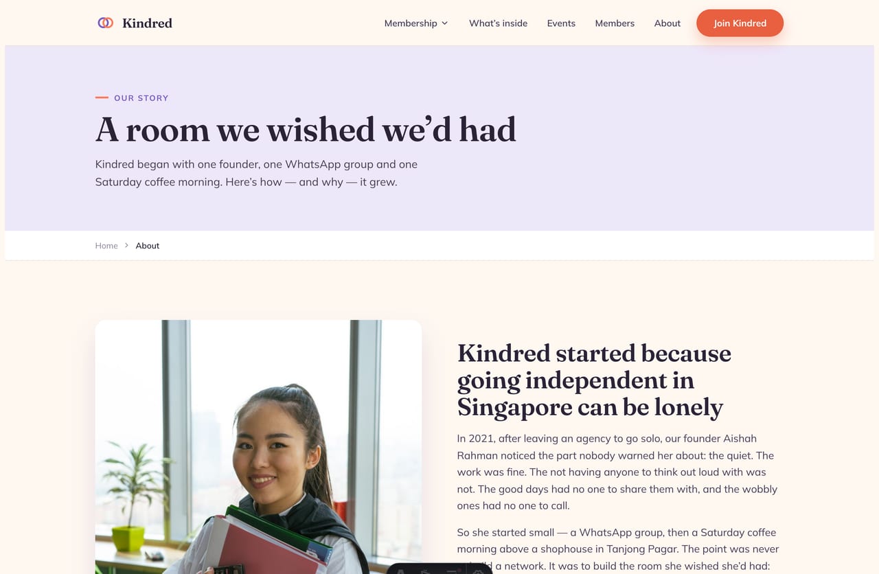 About and founding-story page for a Singapore independents’ community started in 2021