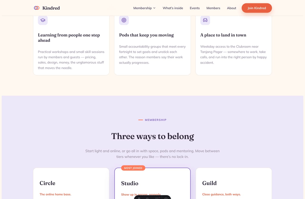 Three membership tier cards with monthly SGD pricing on the Kindred community platform demo