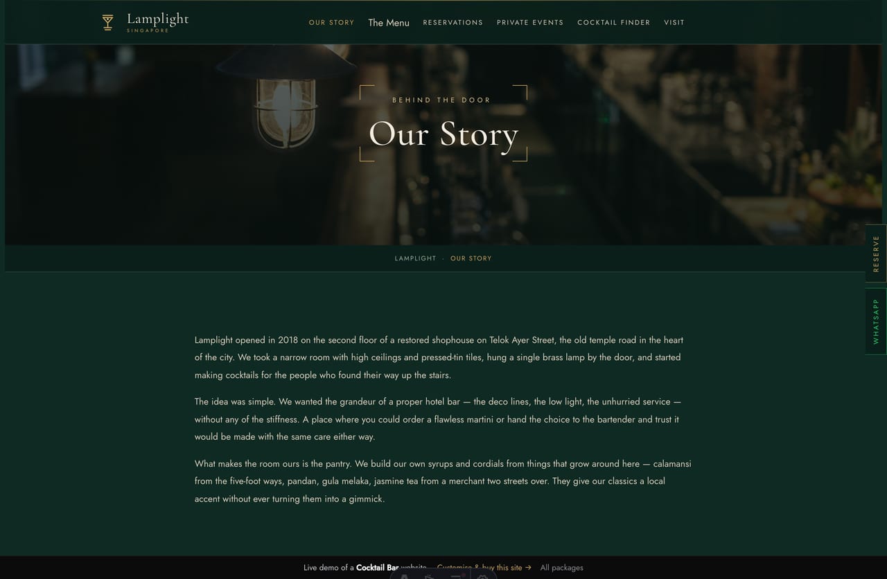 The Our Story page on the Lamplight demo — the bar story, a stats band and the meet-the-team bar profiles