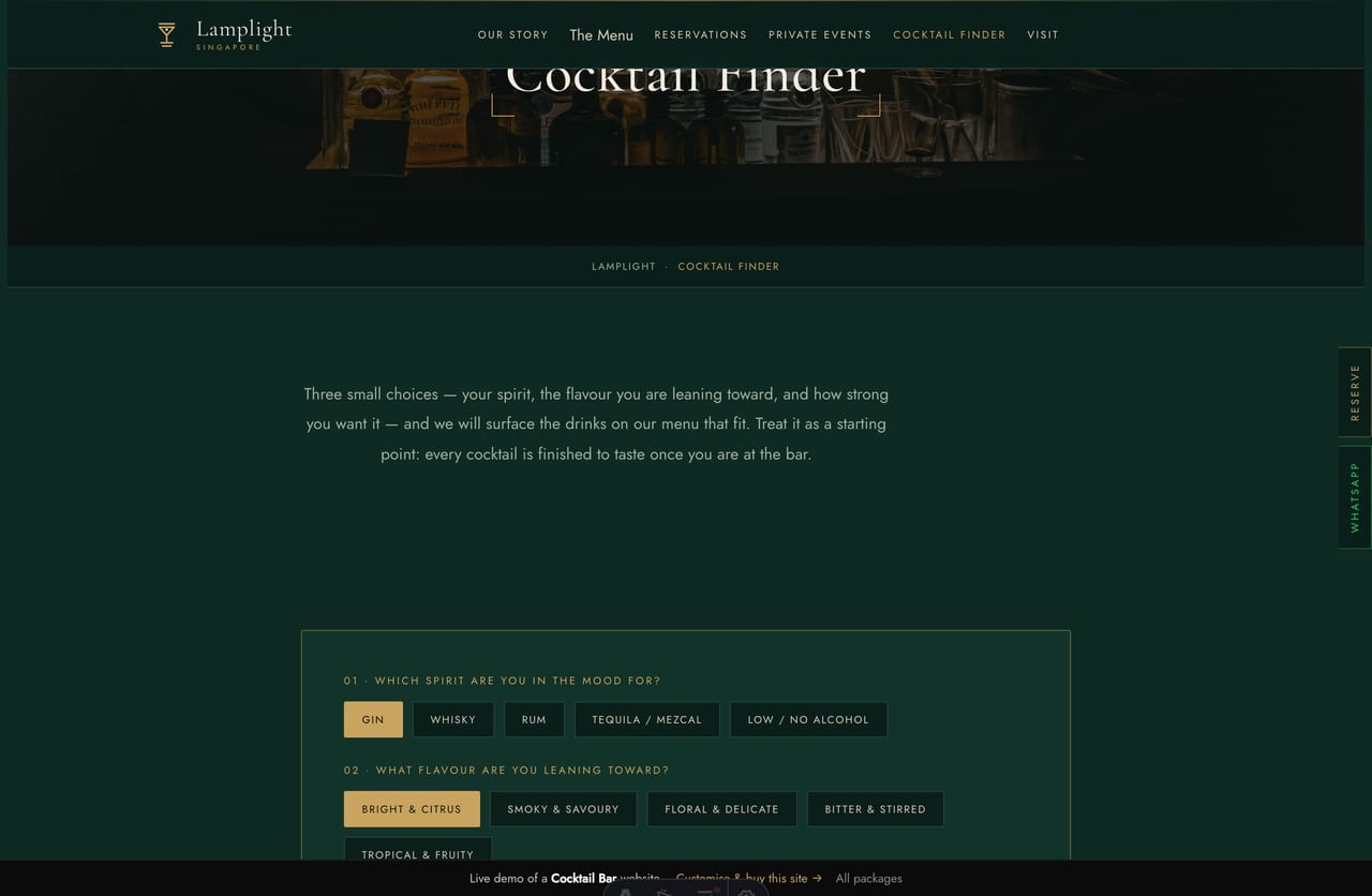 The interactive Signature Cocktail Finder on the Lamplight demo — pick a base spirit, flavour mood and strength to be matched to drinks on the menu