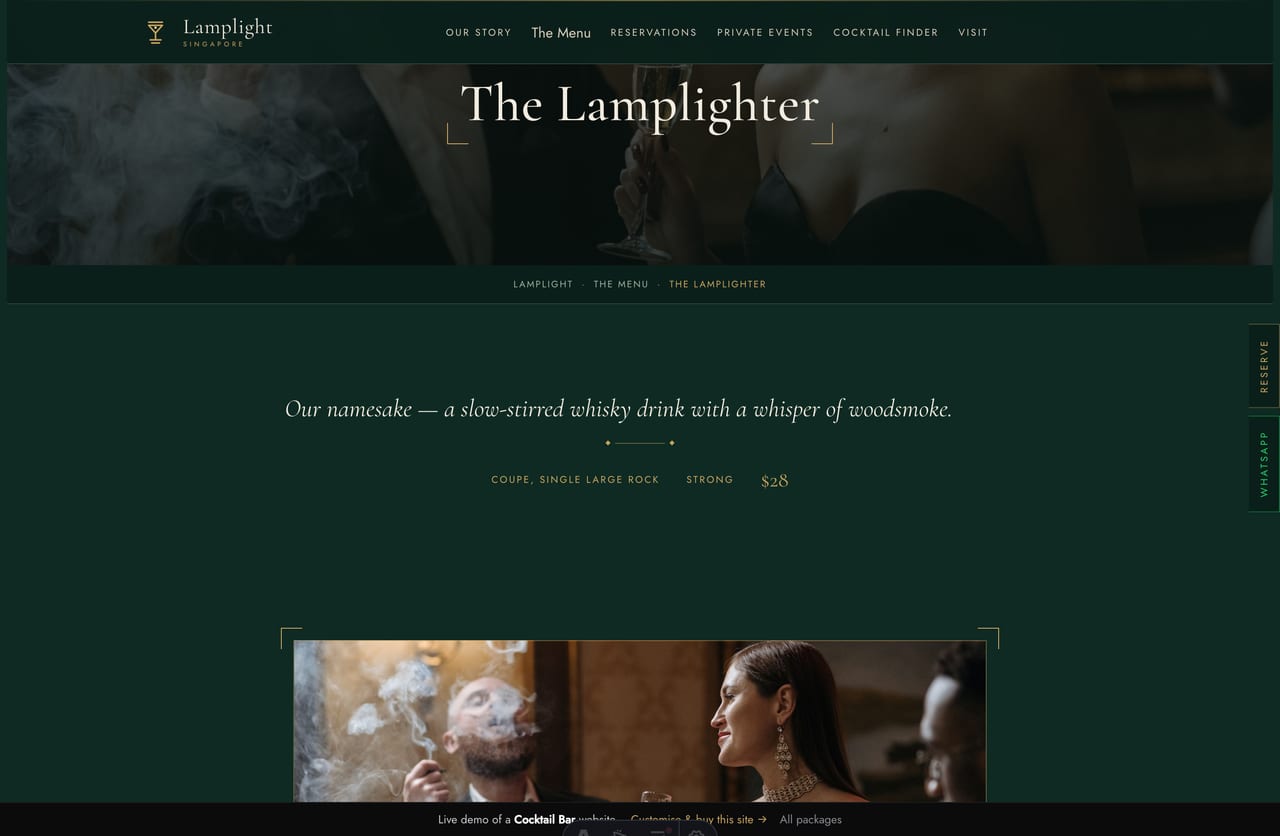 A cocktail detail page on the Lamplight demo — a framed dark-photo banner and a long-form article with the build and pairings