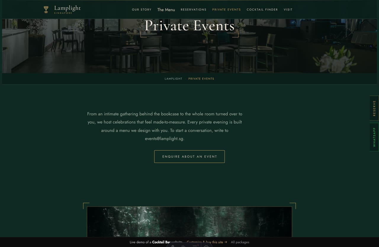 Private Events page on the Lamplight demo — the Snug and full-buyout packages with a centred enquiry CTA