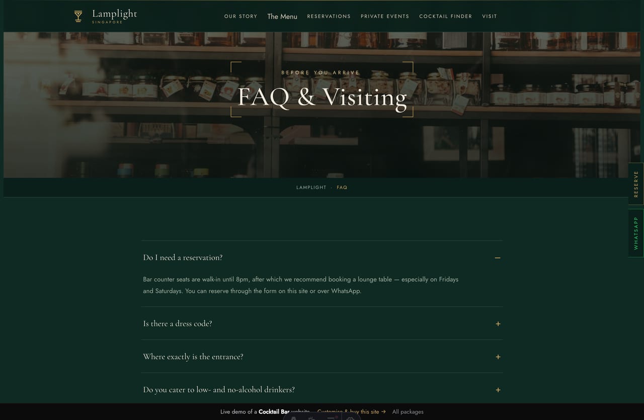 FAQ page on the Lamplight demo — a deco accordion of reservations, dress-code and visiting questions