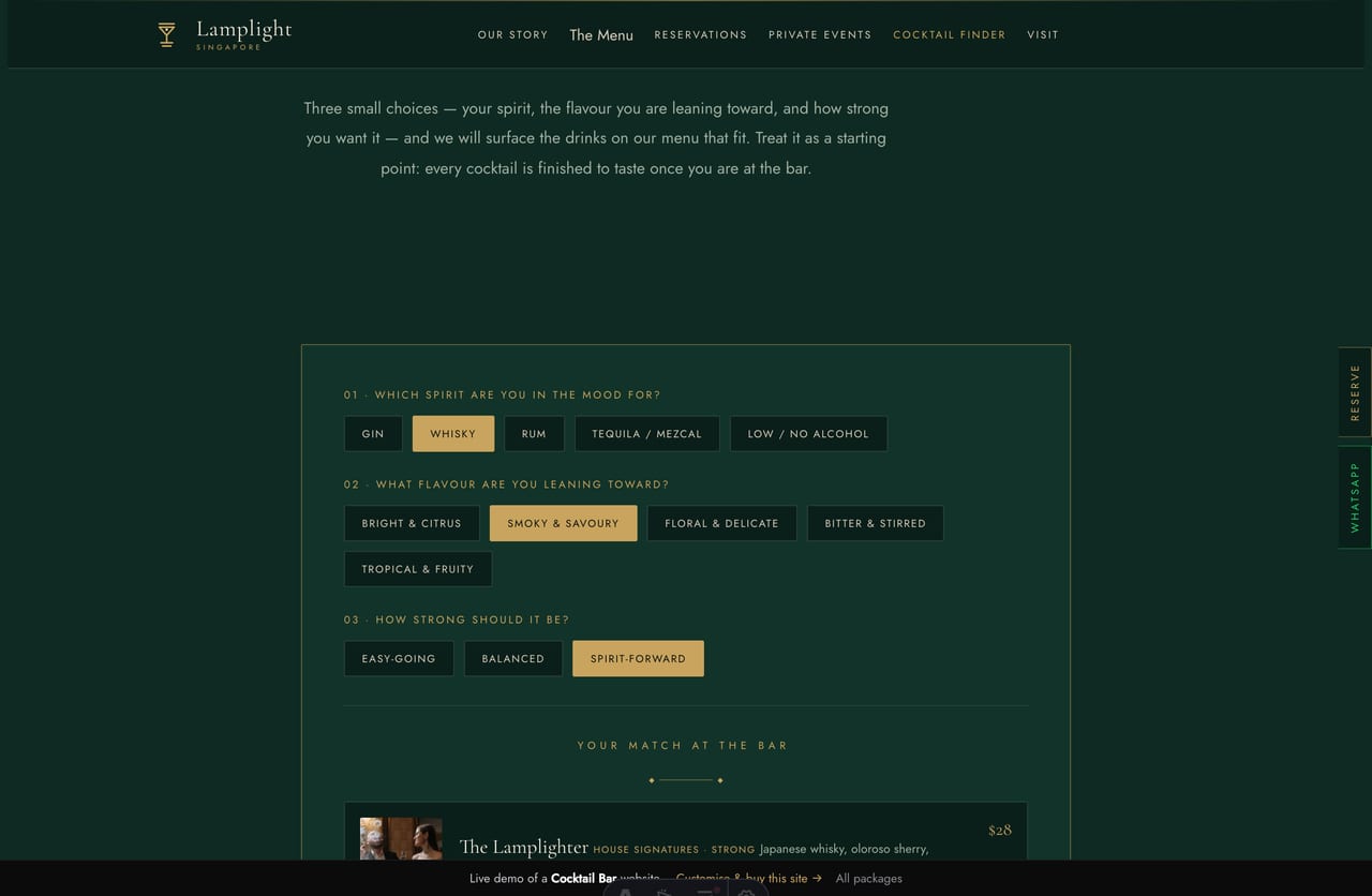 Signature Cocktail Finder result on a Singapore bar site — two or three matched cocktails with the build and price, and a reserve CTA