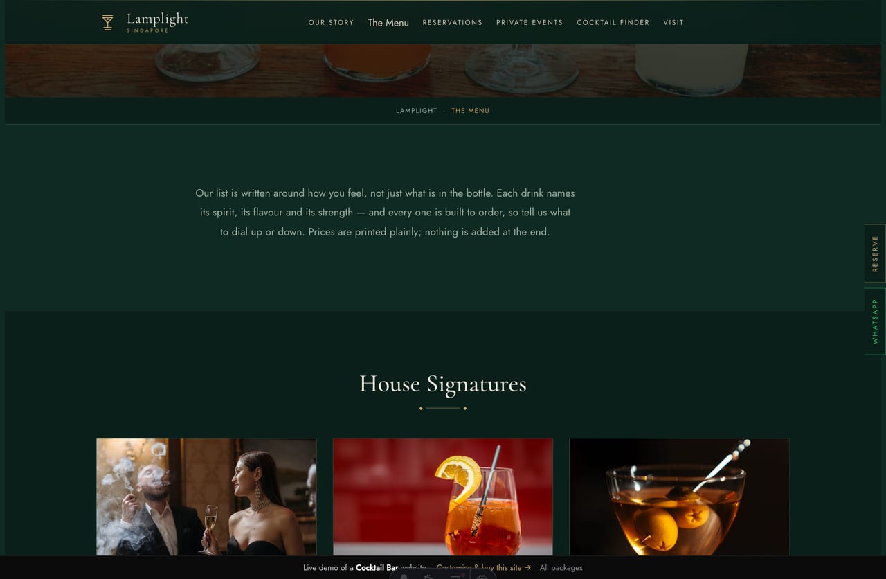 Menu page on the Lamplight demo — signature cocktails grouped by mood as dark cards with a brass price and signature tag