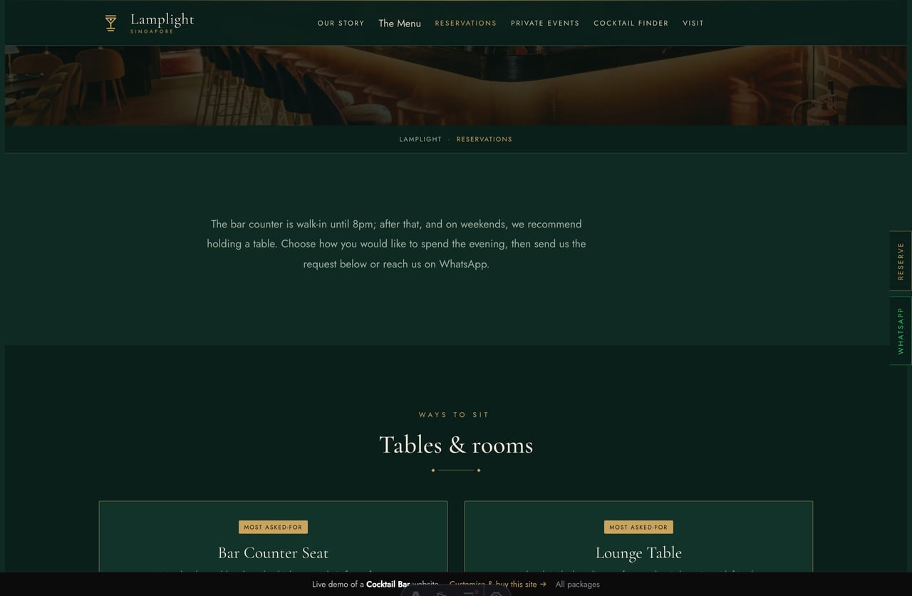 Reservations page on the Lamplight demo — table and private-room packages with a PDPA-aware booking request form