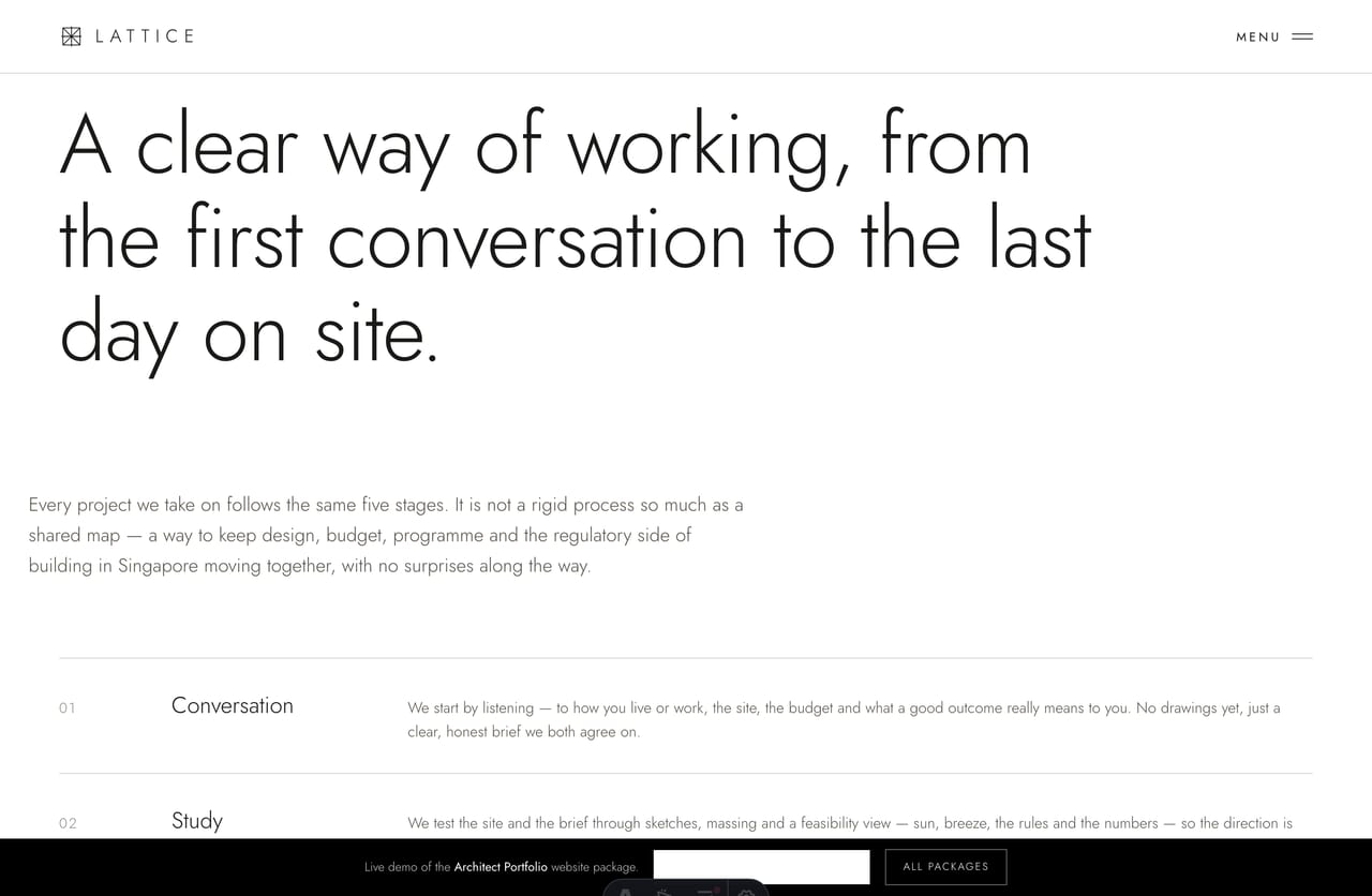 Approach / process page with numbered stages on a Singapore architecture website
