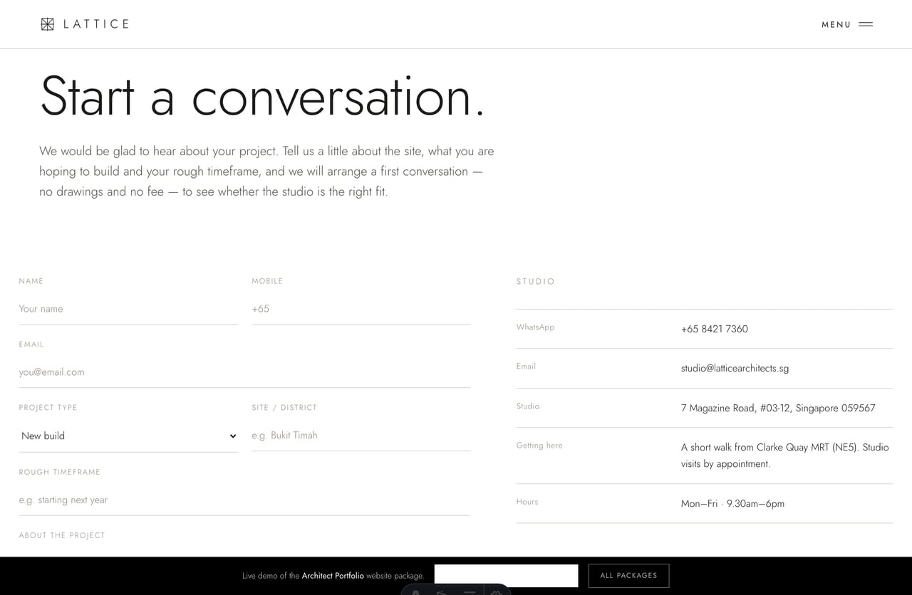 Contact and project-enquiry page with PDPA consent on an architect portfolio website
