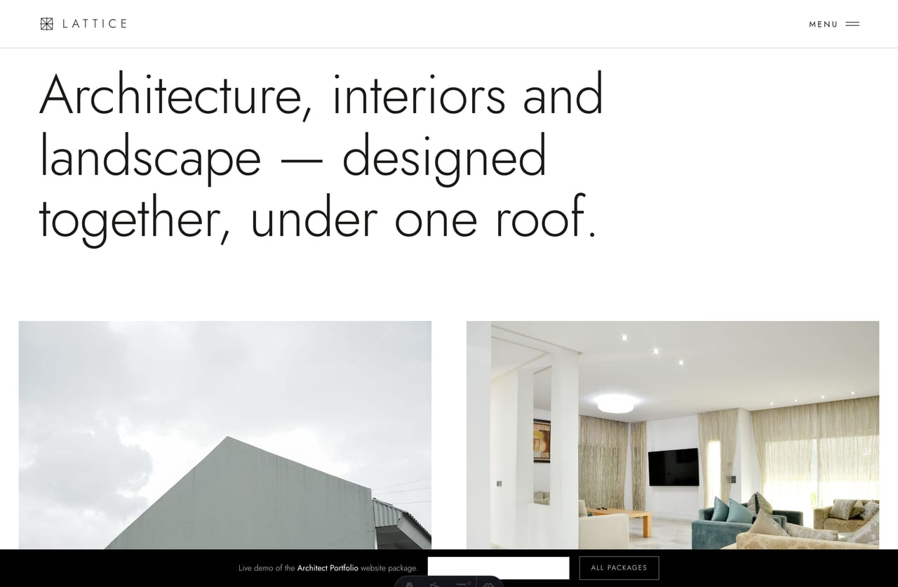 Disciplines overview page covering architecture, interiors and landscape