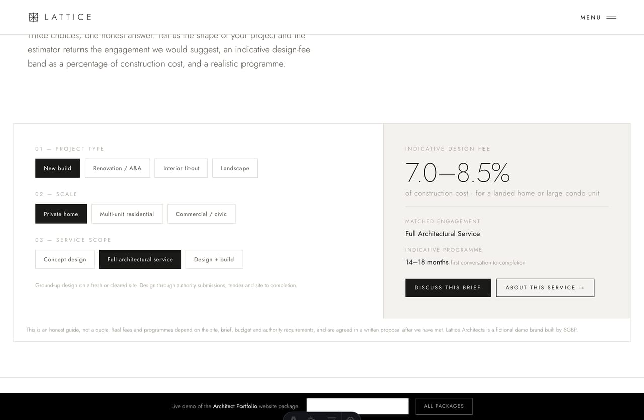 Project Brief Estimator tool on an architect portfolio website in Singapore