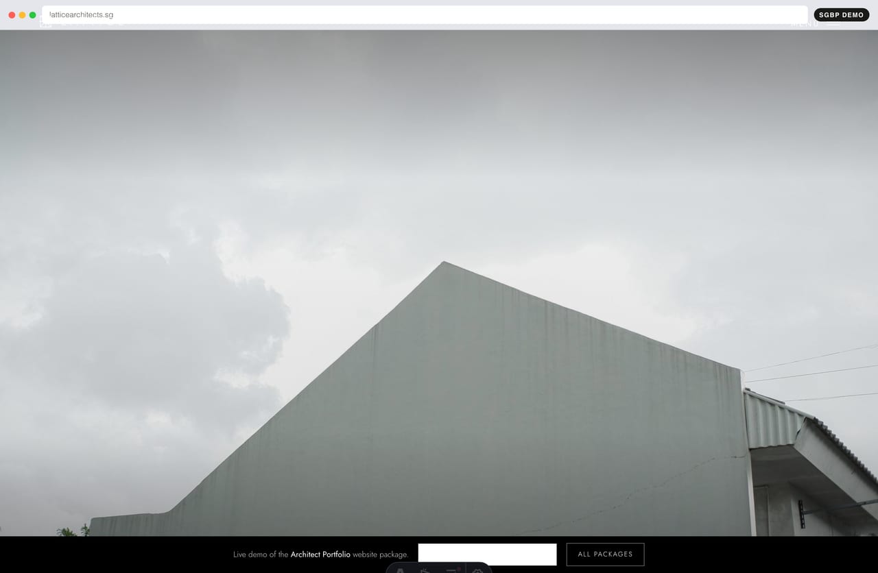 Architecture practice portfolio homepage demo — full-bleed photo hero and minimal wordmark header (Singapore)