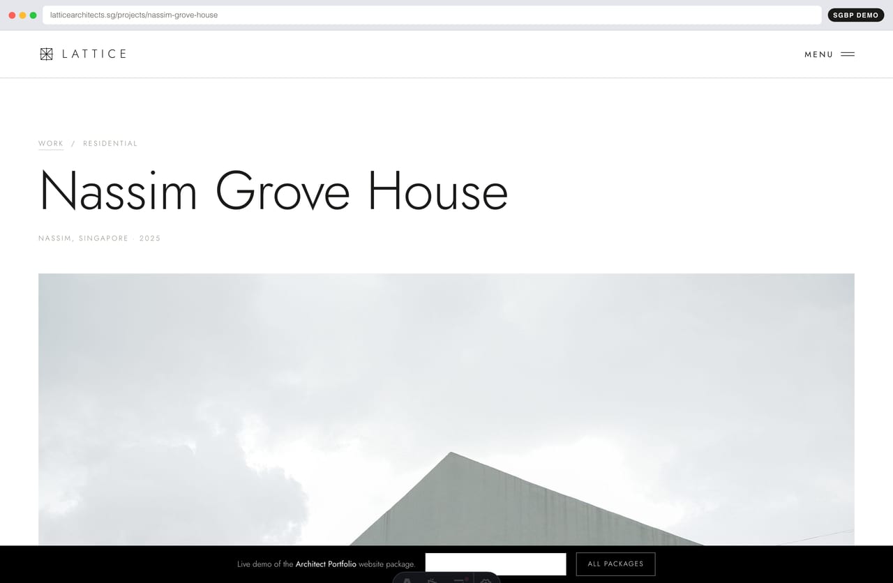 Single project case-study page with full-bleed image sequence on an architecture portfolio