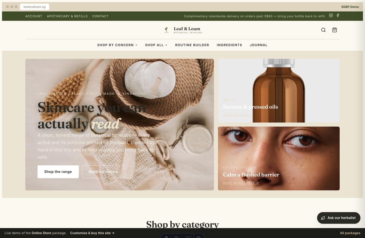 Leaf & Loam natural skincare online store homepage demo — editorial botanical hero collage and shop-by-category tiles (Singapore)