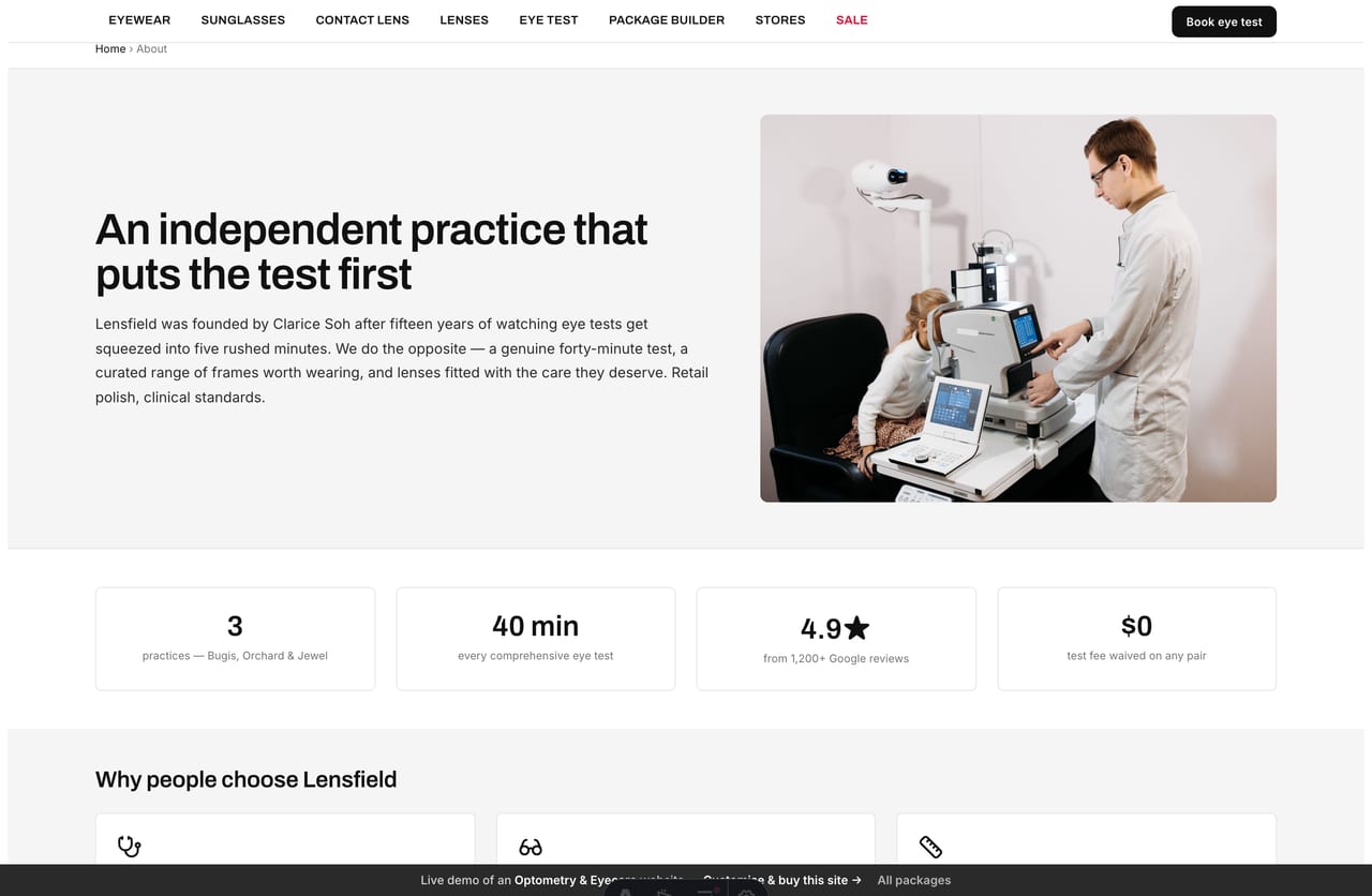 The About page for a Singapore optical practice — story, registered optometrists and why-us reasons